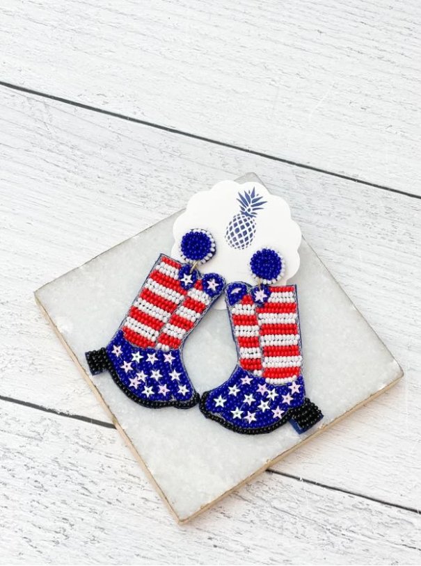 4th of July Red White and Blue Cowboy Boot Earrings - The Velvet Strand