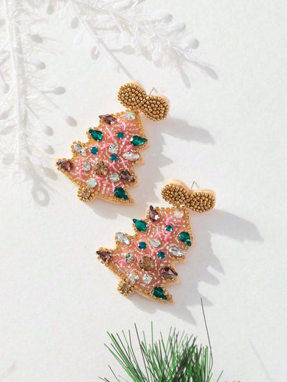 Pink Beaded Christmas Tree Earrings