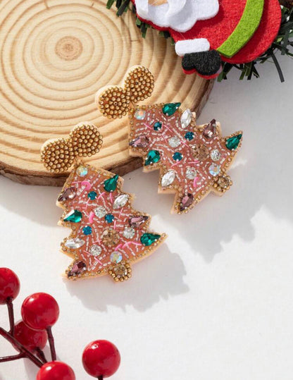 Pink Beaded Christmas Tree Earrings