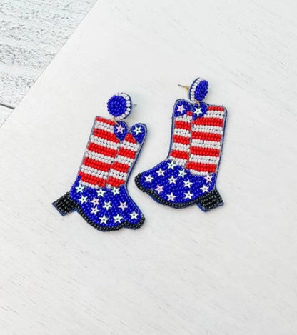 4th of July Red White and Blue Cowboy Boot Earrings - The Velvet Strand