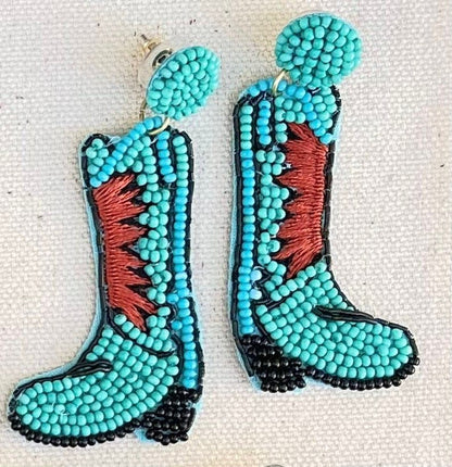 Cowboy Boot Rhinestone Dangle Earrings - Turq & Brown - The Velvet Strand