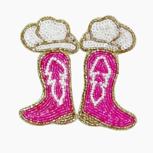 Cowboy Boot Earrings Cowgirl Boots Girls Night Bachelorette Party Pink and Gold Boot Earrings Statement Earrings Nashville Trip - The Velvet Strand