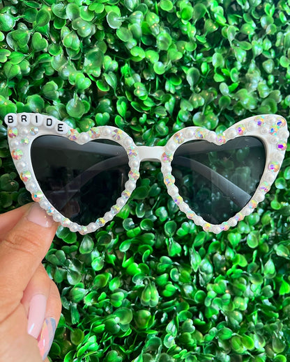 Custom Bride Wedding Pearl Heart Shaped Sunglasses, Embellished with Pearls, As Seen on TikTok, Bachelorette Gift for Bride, WHITE - The Velvet Strand