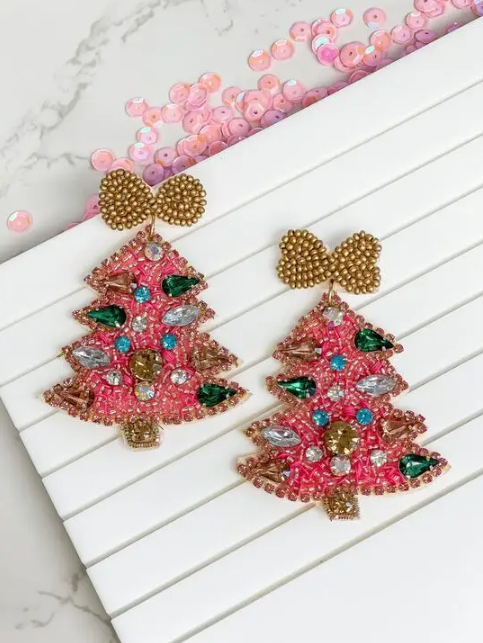 Pink Christmas Tree Earrings - The Velvet Strand