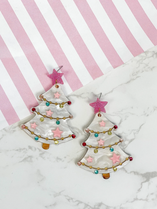 Pink Acrylic Christmas Tree Earrings - The Velvet Strand