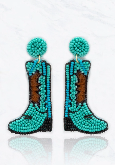 Cowboy Boot Rhinestone Dangle Earrings - Turq & Brown - The Velvet Strand