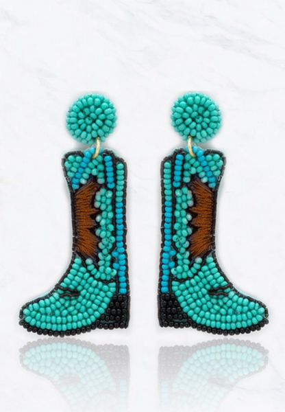 Cowboy Boot Rhinestone Dangle Earrings - Turq & Brown - The Velvet Strand