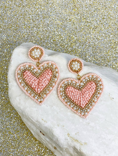 Heart Beaded Earrings, Valentines Beaded Earrings, Pink Beaded Earrings